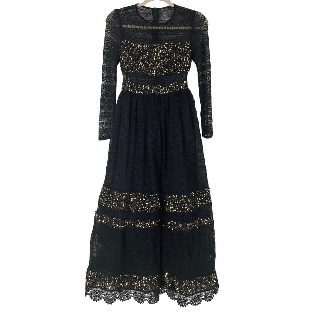 Shein Eid al‎ Adha Black Lace Maxi Dress Gold Sequin Long Sleeve Size S